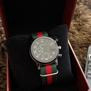 Rare! Gucci Unisex Black Chronograph Watch with Green and Red Nylon Strap 37mm